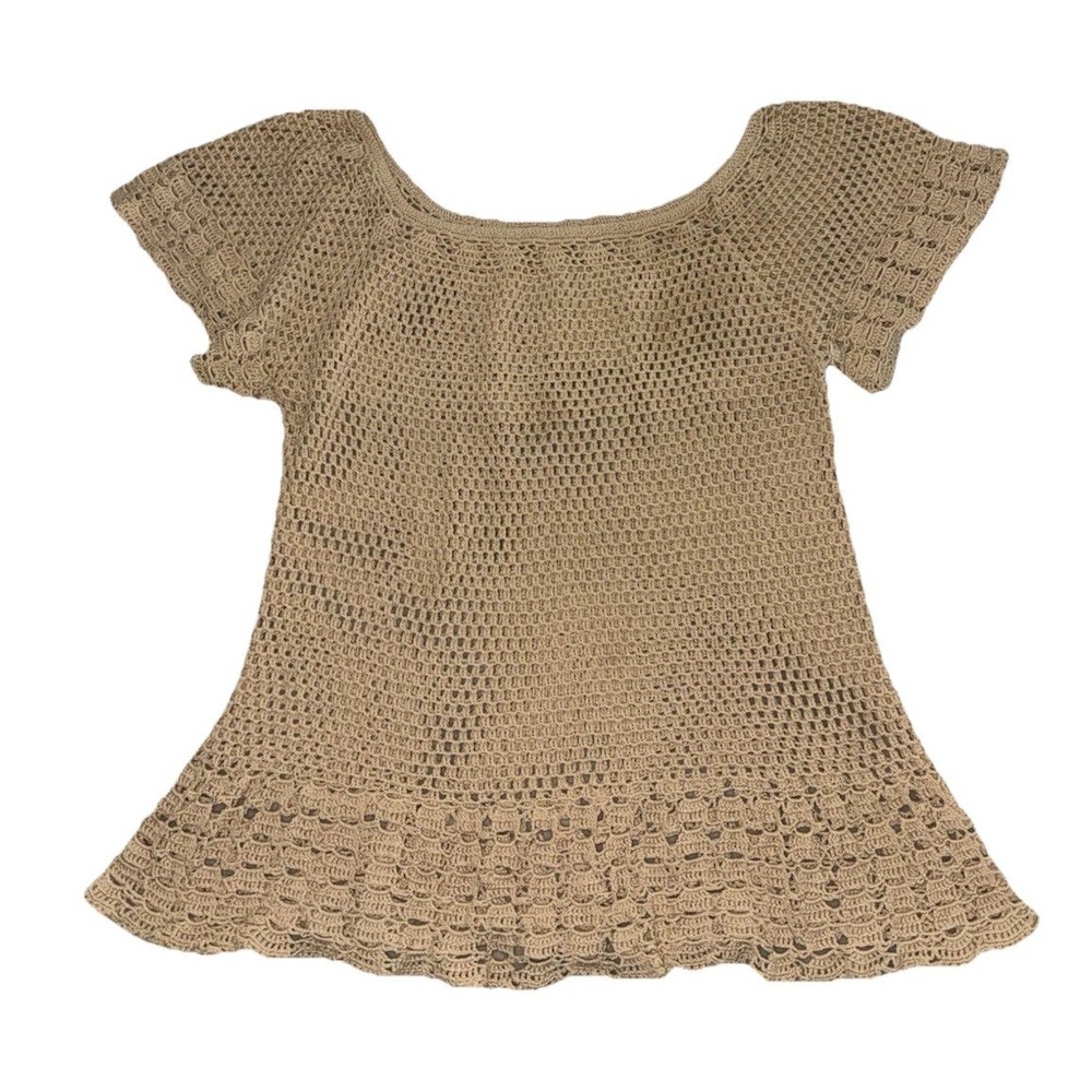 Crochet Top Women's XS Tan Sheer Festival Boho Fairycore Hippie Beach Y2K